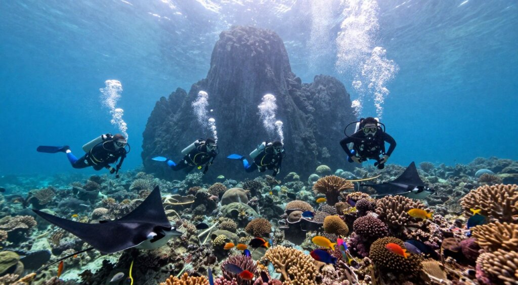 A vibrant underwater scene depicting the exhilarating diving activities in Yenatar, Raja Ampat. In the foreground, a group of divers in modest wetsuits is exploring a lush coral reef, their bubbles creating a mesmerizing pattern in the water. The middle ground features diverse marine life, including colorful fish and graceful manta rays gliding among the corals. In the background, the craggy limestone islands of Raja Ampat rise majestically above the water's surface, partially shrouded in mist. The lighting is bright and natural, streaming down through the crystal-clear water, illuminating the rich colors of the reef and adding a sense of tranquility. Capture the mood of adventure and exploration, showcasing the extraordinary beauty of this marine paradise. The perspective should be slightly angled upwards, giving depth to the underwater scene.