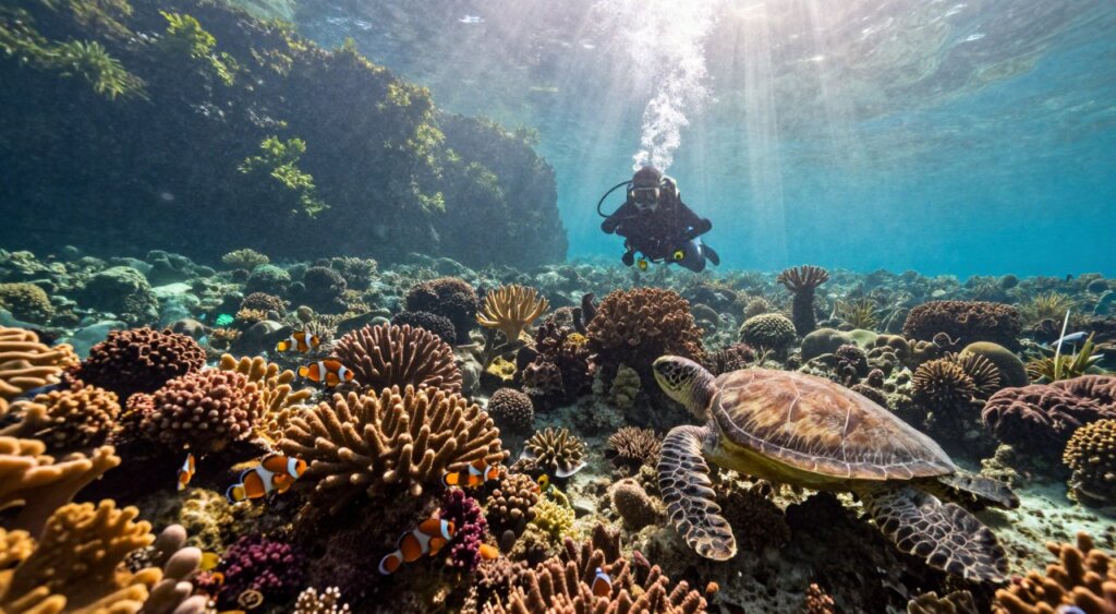 A vibrant underwater scene depicting the scuba diving conditions in Amed, Bali. In the foreground, a scuba diver in a wetsuit explores a colorful coral reef teeming with marine life, such as clownfish and sea turtles. The middle section showcases the sun's rays filtering through the crystal-clear water, illuminating the rich diversity of corals in various shapes and colors. In the background, distant cliffs of Amed rise above the shoreline, partially shrouded in lush tropical vegetation. The lighting is bright and warm, evoking a feeling of serenity and adventure. Capture this scene from a slightly angled, wide shot to emphasize the underwater landscape's depth and vibrancy, reflecting a tranquil yet exhilarating diving experience. Ensure the image is free from any text or watermarks.