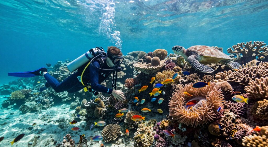 A vibrant underwater scene depicting the stunning coral reefs of Raja Ampat, showcasing the rich marine biodiversity. In the foreground, a skilled diver in modest wetsuit gear examines a colorful school of fish, surrounded by flourishing corals. The middle ground features lush coral formations, teeming with diverse marine life, including sea turtles and vibrant anemones. In the background, beams of sunlight filter down through the clear turquoise water, creating a serene and inviting atmosphere. The image captures the essence of eco-tourism and conservation in Raja Ampat, highlighting the importance of preserving these natural wonders. Use a wide-angle lens to encompass the grandeur of the underwater landscape, ensuring a natural, realistic color palette that reflects the beauty of this marine protected area. The lighting should be bright and uplifting, conveying an inspirational mood suitable for conservation. A vibrant underwater scene depicting the stunning coral reefs of Raja Ampat, showcasing the rich marine biodiversity. In the foreground, a skilled diver in modest wetsuit gear examines a colorful school of fish, surrounded by flourishing corals. The middle ground features lush coral formations, teeming with diverse marine life, including sea turtles and vibrant anemones. In the background, beams of sunlight filter down through the clear turquoise water, creating a serene and inviting atmosphere. The image captures the essence of eco-tourism and conservation in Raja Ampat, highlighting the importance of preserving these natural wonders. Use a wide-angle lens to encompass the grandeur of the underwater landscape, ensuring a natural, realistic color palette that reflects the beauty of this marine protected area. The lighting should be bright and uplifting, conveying an inspirational mood suitable for conservation.