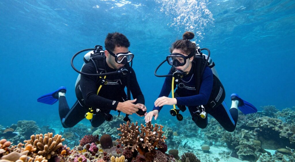 A vibrant underwater scene depicting two certified divers performing a buddy check before a dive, embodying the essence of safety in scuba diving. In the foreground, a male diver in a sleek black wetsuit checks the equipment of a female diver wearing a navy wetsuit with her hair placed in a functional bun. They are both focused and smiling, showcasing a friendly camaraderie. The middle ground reveals colorful coral reefs and underwater life, enhancing the vibrant atmosphere of tropical diving. The background features a clear blue water column, illuminated by sunlight filtering through the surface, creating a serene yet exhilarating mood. The image is composed with a slight upward angle, capturing the essence of adventure and professionalism in diving while maintaining a National Geographic-quality photography style.