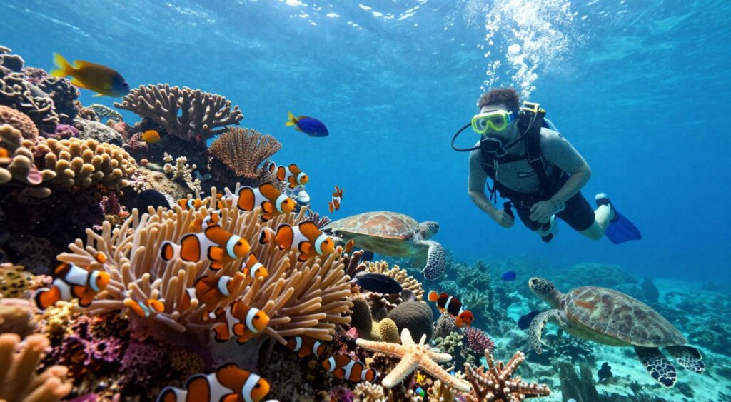 A vibrant underwater scene illustrating marine biodiversity preservation, showcasing colorful coral reefs teeming with diverse fish species. In the foreground, a marine biologist in modest casual clothing is observing a school of bright clownfish amidst the anemones, holding underwater research equipment. The middle ground features intricate coral formations and a variety of marine life, including sea turtles and starfish, while the background fades into crystal-clear blue water illuminated by sunlight pouring down from the surface, creating a serene and inviting atmosphere. The image should evoke a sense of wonder and appreciation for ocean conservation, capturing the beauty and fragility of marine ecosystems. Utilize natural lighting with a soft focus emphasizing the vivid colors of the marine life, reminiscent of high-quality National Geographic photography.