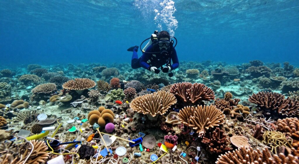A vibrant underwater scene in Raja Ampat illustrating local factors contributing to coral bleaching. In the foreground, bleached coral reefs with a variety of colors showing stress, surrounded by marine debris: plastic waste and discarded fishing gear. In the middle, a diver in modest full-body wetsuit examining the coral with a professional underwater camera, highlighting the impact of human activity. In the background, clear blue water with sunlight filtering down from the surface, revealing the contrast between healthy and bleached corals. The atmosphere conveys urgency and environmental awareness, emphasizing the fragility of these ecosystems. Shot with a wide-angle lens to capture the extensive underwater landscape, with bright, natural lighting to enhance the vivid colors and details of the marine life.