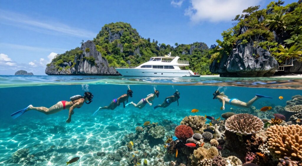 A vibrant underwater scene in Raja Ampat showcasing a liveaboard snorkeling experience. In the foreground, a diverse group of snorkelers, wearing modest, colorful swimwear, explore the crystal-clear waters teeming with tropical fish and coral. The middle ground features a sleek liveaboard yacht anchored nearby, with its deck visible and inviting. In the background, stunning limestone islands rise sharply from the ocean, surrounded by lush greenery under a bright blue sky. Soft sunlight filters down through the water, casting a dappled light effect on the marine life. Capture the serene and adventurous mood, as snorkelers enjoy their exploration, with a wide-angle shot emphasizing the beauty and diversity of this tropical paradise.