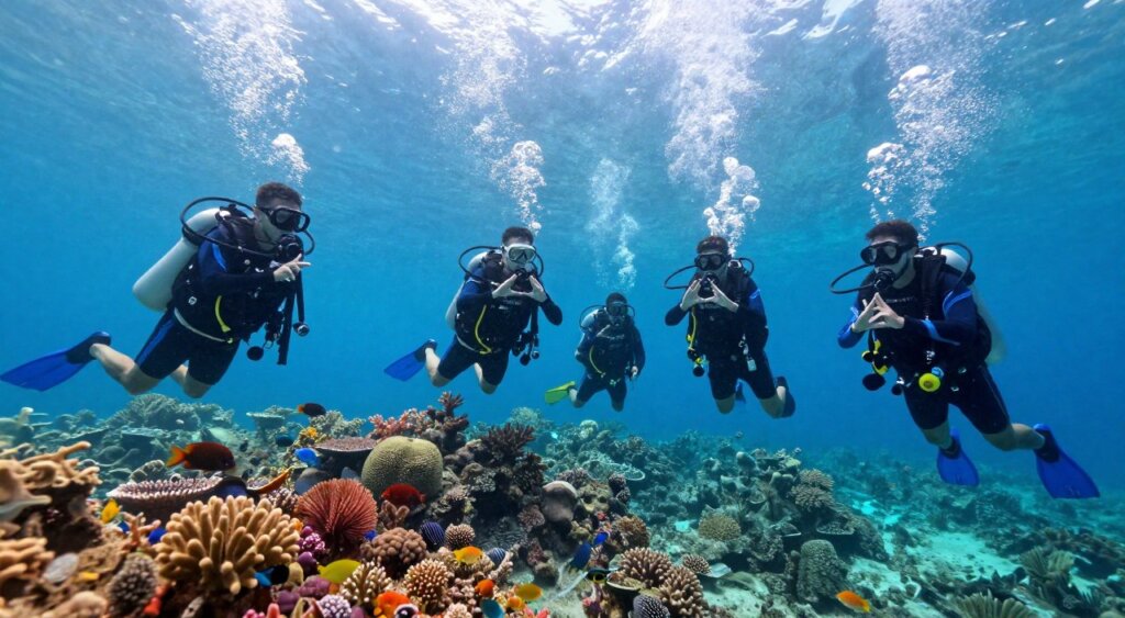 A vibrant underwater scene showcasing a scuba diving certification course in Lombok. In the foreground, a group of diverse, professionally attired instructors and students, equipped with scuba gear and diving fins, are engaged in a training exercise, demonstrating hand signals. The middle ground features a colorful coral reef, teeming with tropical fish, highlighting the rich marine biodiversity typical of Lombok's waters. In the background, gentle sunlight filters down from the surface, creating a serene and inviting atmosphere. Capture this scene from a slightly elevated angle, using soft, diffused lighting to enhance the clarity of the underwater environment, resulting in a dynamic photojournalism-style image that conveys the excitement and professionalism of scuba diving courses. A vibrant underwater scene showcasing a scuba diving certification course in Lombok. In the foreground, a group of diverse, professionally attired instructors and students, equipped with scuba gear and diving fins, are engaged in a training exercise, demonstrating hand signals. The middle ground features a colorful coral reef, teeming with tropical fish, highlighting the rich marine biodiversity typical of Lombok's waters. In the background, gentle sunlight filters down from the surface, creating a serene and inviting atmosphere. Capture this scene from a slightly elevated angle, using soft, diffused lighting to enhance the clarity of the underwater environment, resulting in a dynamic photojournalism-style image that conveys the excitement and professionalism of scuba diving courses.
