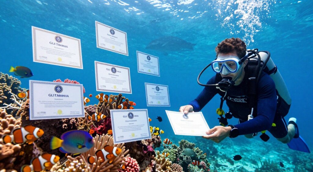A vibrant underwater scene showcasing a variety of diving certification cards floating gently amid colorful coral and tropical fish near Gili Trawangan's famous reefs. In the foreground, a diver in professional scuba gear examines the certifications with a focused expression, embodying a sense of achievement and adventure. The middle ground features a diverse array of marine life, including clownfish, parrotfish, and anemones, all illuminated by shimmering sunlight filtering through the water's surface. The background reveals the stunning silhouette of Gili Trawangan island under a bright blue sky, creating an inviting and serene atmosphere. The image should have a sharp focus on the diver and certifications with a slightly blurred background to emphasize depth, conveying a mood of inspiration and excitement for divers and snorkeling enthusiasts alike. A vibrant underwater scene showcasing a variety of diving certification cards floating gently amid colorful coral and tropical fish near Gili Trawangan's famous reefs. In the foreground, a diver in professional scuba gear examines the certifications with a focused expression, embodying a sense of achievement and adventure. The middle ground features a diverse array of marine life, including clownfish, parrotfish, and anemones, all illuminated by shimmering sunlight filtering through the water's surface. The background reveals the stunning silhouette of Gili Trawangan island under a bright blue sky, creating an inviting and serene atmosphere. The image should have a sharp focus on the diver and certifications with a slightly blurred background to emphasize depth, conveying a mood of inspiration and excitement for divers and snorkeling enthusiasts alike.