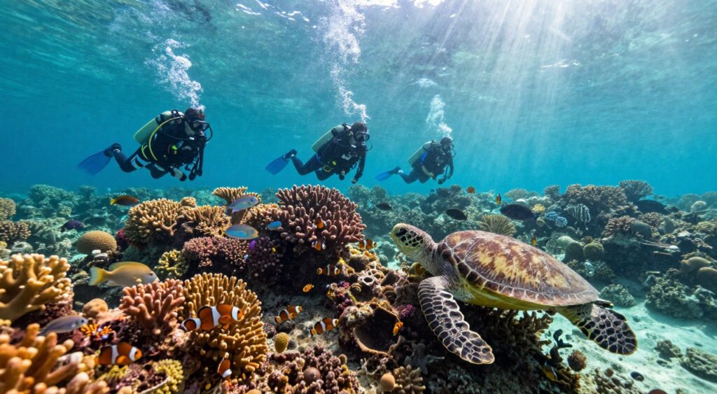 A vibrant underwater scene showcasing affordable scuba diving in Raja Ampat, Indonesia. In the foreground, a diverse group of divers, wearing modest wetsuits and snorkeling gear, explore a colorful coral reef teeming with marine life, such as clownfish and sea turtles. The middle ground features various coral formations in bright hues, while school fish swim gracefully around. In the background, sun rays penetrate the crystal-clear turquoise waters, creating a serene atmosphere. The scene is set in a way that highlights the richness of the marine ecosystem, with a wide-angle view that captures both the details of the reef and the expansive beauty of the underwater environment. Soft, natural lighting enhances the vivid colors and tranquil mood of this tropical paradise, evoking a sense of adventure and exploration. A vibrant underwater scene showcasing affordable scuba diving in Raja Ampat, Indonesia. In the foreground, a diverse group of divers, wearing modest wetsuits and snorkeling gear, explore a colorful coral reef teeming with marine life, such as clownfish and sea turtles. The middle ground features various coral formations in bright hues, while school fish swim gracefully around. In the background, sun rays penetrate the crystal-clear turquoise waters, creating a serene atmosphere. The scene is set in a way that highlights the richness of the marine ecosystem, with a wide-angle view that captures both the details of the reef and the expansive beauty of the underwater environment. Soft, natural lighting enhances the vivid colors and tranquil mood of this tropical paradise, evoking a sense of adventure and exploration.