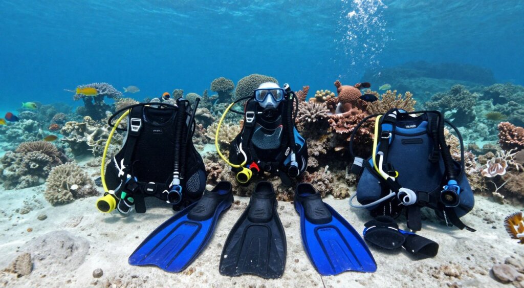 A vibrant underwater scene showcasing an array of Lombok scuba diving gear prominently displayed on a rocky shoreline. In the foreground, capture detailed pieces of high-quality scuba equipment including a diving mask, snorkel, fins, and a wetsuit, artfully arranged on a sandy surface. The middle ground features a clear blue water backdrop, with coral reefs and colorful tropical fish swimming past. The background reveals a hint of Lombok's lush coastline under bright, natural sunlight, enhancing the atmosphere of adventure and exploration. Use a wide-angle lens to create a dynamic depth of field, with a focus on the scuba gear while slightly blurring the distant scenery. The mood is inviting and exhilarating, reflecting the excitement of diving in Lombok’s rich marine environment. A vibrant underwater scene showcasing an array of Lombok scuba diving gear prominently displayed on a rocky shoreline. In the foreground, capture detailed pieces of high-quality scuba equipment including a diving mask, snorkel, fins, and a wetsuit, artfully arranged on a sandy surface. The middle ground features a clear blue water backdrop, with coral reefs and colorful tropical fish swimming past. The background reveals a hint of Lombok's lush coastline under bright, natural sunlight, enhancing the atmosphere of adventure and exploration. Use a wide-angle lens to create a dynamic depth of field, with a focus on the scuba gear while slightly blurring the distant scenery. The mood is inviting and exhilarating, reflecting the excitement of diving in Lombok’s rich marine environment.