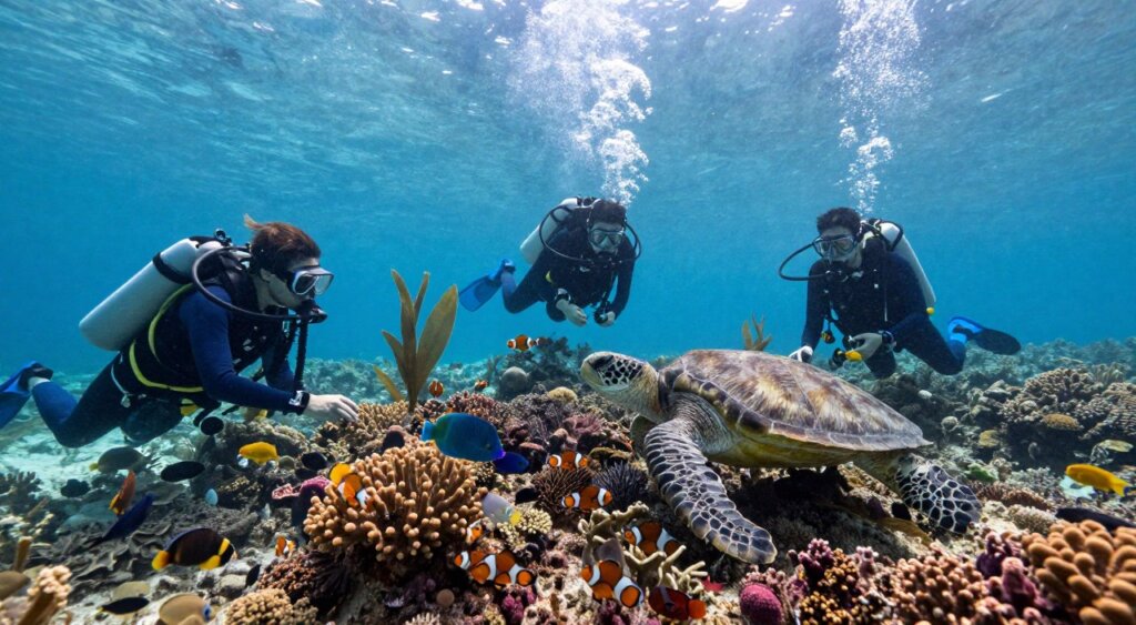 A vibrant underwater scene showcasing responsible diving practices in Lombok, featuring diverse marine life in a clear, sunlit environment. In the foreground, a group of divers in modest wetsuits carefully observing a colorful coral reef teeming with intricate fish species like clownfish and parrotfish. In the middle ground, a diver gently interacts with a sea turtle while ensuring not to touch the coral, highlighting sustainable practices. The background contains swaying seaweed and soft sunlight filtering through the water, creating dappled light patterns. The atmosphere is serene and educational, emphasizing the beauty of marine conservation. Photographed with a wide-angle lens to capture the expansive underwater landscape, with sharp focus on both the divers and the marine life. A vibrant underwater scene showcasing responsible diving practices in Lombok, featuring diverse marine life in a clear, sunlit environment. In the foreground, a group of divers in modest wetsuits carefully observing a colorful coral reef teeming with intricate fish species like clownfish and parrotfish. In the middle ground, a diver gently interacts with a sea turtle while ensuring not to touch the coral, highlighting sustainable practices. The background contains swaying seaweed and soft sunlight filtering through the water, creating dappled light patterns. The atmosphere is serene and educational, emphasizing the beauty of marine conservation. Photographed with a wide-angle lens to capture the expansive underwater landscape, with sharp focus on both the divers and the marine life.