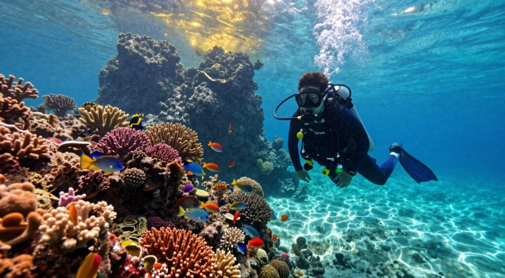 A vibrant underwater scene showcasing scuba diving in Raja Ampat, featuring a diverse array of colorful coral reefs teeming with marine life. In the foreground, a scuba diver in a sleek wetsuit, with a professional diving mask and gear, explores the rich ecosystem. The middle ground reveals schools of tropical fish, gracefully swimming among the coral, while hints of sunlight filter down, creating shimmering patterns on the ocean floor. In the background, majestic underwater rock formations rise towards the surface, partially illuminated by golden sunlight. The mood is serene and adventurous, evoking the thrill of exploration in one of the world's most breathtaking diving destinations. The image should capture the clarity of the water and the vivid colors of marine life with a focus on realism and detail, emulating the quality of National Geographic photography.