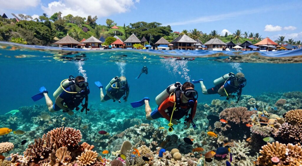 A vibrant underwater scene showcasing snorkelers and divers exploring the rich marine life near Amed Village, Bali. In the foreground, a diverse group of snorkelers wearing professional diving gear, including masks and fins, gracefully glide through crystal-clear waters, surrounded by colorful coral reefs teeming with tropical fish. In the middle ground, a diver captures the moments with a camera, showcasing a beautiful abundance of marine biodiversity. The background features the picturesque silhouette of Amed Village with lush green hills and traditional Balinese houses under a bright blue sky. The lighting is bright and sunny, capturing the essence of a perfect day for adventure. Aim for a dynamic angle that emphasizes the harmony between the adventurers and the stunning underwater landscape. A vibrant underwater scene showcasing snorkelers and divers exploring the rich marine life near Amed Village, Bali. In the foreground, a diverse group of snorkelers wearing professional diving gear, including masks and fins, gracefully glide through crystal-clear waters, surrounded by colorful coral reefs teeming with tropical fish. In the middle ground, a diver captures the moments with a camera, showcasing a beautiful abundance of marine biodiversity. The background features the picturesque silhouette of Amed Village with lush green hills and traditional Balinese houses under a bright blue sky. The lighting is bright and sunny, capturing the essence of a perfect day for adventure. Aim for a dynamic angle that emphasizes the harmony between the adventurers and the stunning underwater landscape.