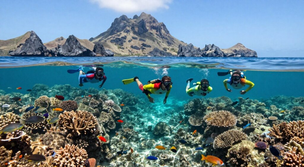 A vibrant underwater scene showcasing snorkelers exploring the coral reefs of Komodo Island. In the foreground, a diverse group of snorkelers in modest, brightly colored wetsuits floats above a coral garden teeming with colorful fish and marine life. The middle ground features intricate coral formations and schools of tropical fish, illuminated by shimmering sunlight filtering through the crystal-clear turquoise water. In the background, the rugged limestone cliffs of Komodo Island rise majestically, contrasting with the serene ocean. The scene captures the essence of adventure and discovery, evoking a sense of wonder and excitement. The lighting is bright and inviting, creating an atmosphere of tranquility and exploration, reminiscent of professional photojournalism in the style of National Geographic. A vibrant underwater scene showcasing snorkelers exploring the coral reefs of Komodo Island. In the foreground, a diverse group of snorkelers in modest, brightly colored wetsuits floats above a coral garden teeming with colorful fish and marine life. The middle ground features intricate coral formations and schools of tropical fish, illuminated by shimmering sunlight filtering through the crystal-clear turquoise water. In the background, the rugged limestone cliffs of Komodo Island rise majestically, contrasting with the serene ocean. The scene captures the essence of adventure and discovery, evoking a sense of wonder and excitement. The lighting is bright and inviting, creating an atmosphere of tranquility and exploration, reminiscent of professional photojournalism in the style of National Geographic.
