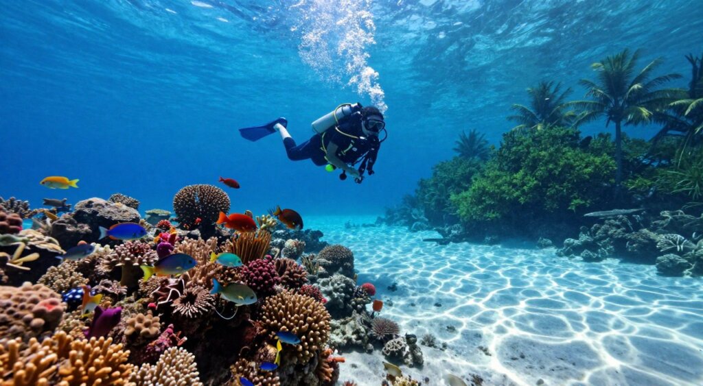 A vibrant underwater scene showcasing the best dive spots around Gili Trawangan, featuring a diverse coral reef teeming with colorful marine life. In the foreground, a school of tropical fish swims gracefully through the clear blue waters. The middle ground highlights a diver in professional scuba gear, capturing the beauty of the reef with an underwater camera. Sunlight filters through the surface, creating a magical dappled effect on the sandy ocean floor, enhancing the serene atmosphere. In the background, the silhouette of Gili Trawangan's shoreline is visible, framed by lush greenery and palm trees. The image should have high contrast with vibrant colors, capturing the allure of underwater exploration, all rendered in a realistic photojournalism style reminiscent of National Geographic’s captivating imagery. A vibrant underwater scene showcasing the best dive spots around Gili Trawangan, featuring a diverse coral reef teeming with colorful marine life. In the foreground, a school of tropical fish swims gracefully through the clear blue waters. The middle ground highlights a diver in professional scuba gear, capturing the beauty of the reef with an underwater camera. Sunlight filters through the surface, creating a magical dappled effect on the sandy ocean floor, enhancing the serene atmosphere. In the background, the silhouette of Gili Trawangan's shoreline is visible, framed by lush greenery and palm trees. The image should have high contrast with vibrant colors, capturing the allure of underwater exploration, all rendered in a realistic photojournalism style reminiscent of National Geographic’s captivating imagery.