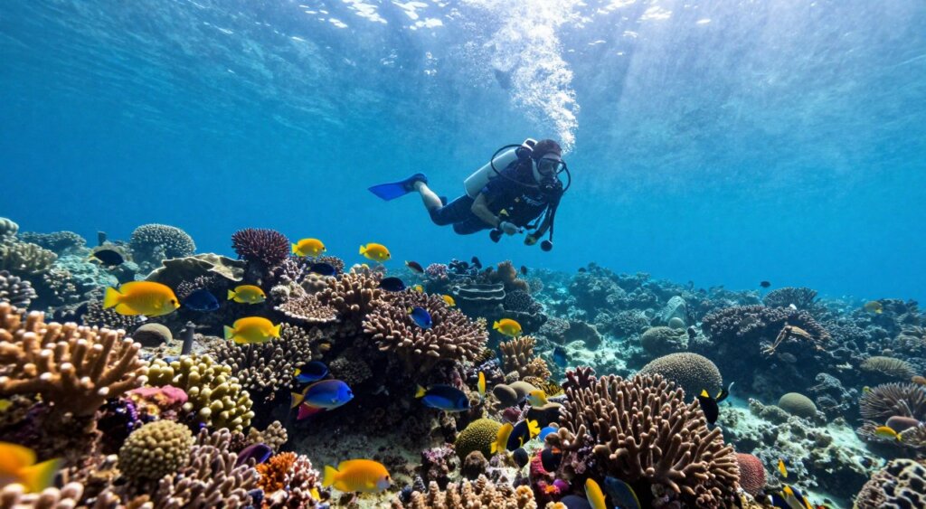 A vibrant underwater scene showcasing the breathtaking biodiversity of Raja Ampat's coral reefs. In the foreground, a scuba diver in modest, professional dive gear explores a lively coral garden teeming with colorful fish and intricate coral formations. The diver is poised gracefully, capturing the awe of the underwater world. In the middle ground, a variety of marine life, including schools of bright yellow and blue tropical fish, swim among the coral structures. The background features a gentle gradient of blue hues, emphasizing the depth of the ocean and soft sunlight streaming from the water's surface, creating a serene and captivating atmosphere. The scene is shot with a wide-angle lens to capture the expansive beauty of the reef, evoking a sense of wonder and discovery akin to National Geographic photography.