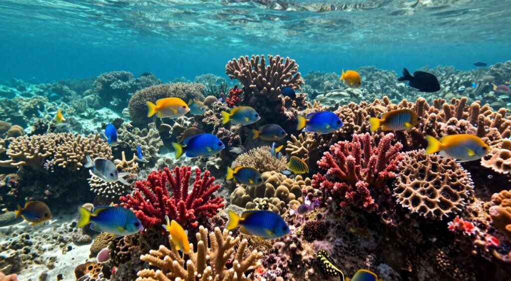 A vibrant underwater scene showcasing the breathtaking coral reefs of Raja Ampat, teeming with diverse marine life. In the foreground, a school of colorful tropical fish swim gracefully around stunning corals, displaying a rich spectrum of colors, from deep reds to bright blues and yellows. In the middle ground, observe intricate coral formations, with magnified textures and patterns that evoke a sense of wonder. The background features a soft, illuminated seawater effect, where gentle sunlight filters through, casting dappled light across the seafloor, enhancing the tranquil yet lively atmosphere. Capture the essence of this marine paradise in a realistic, professional photojournalism style, resembling a National Geographic photograph, with an emphasis on clarity and vivid detail. Use a wide-angle lens to encompass the beauty of this underwater ecosystem.