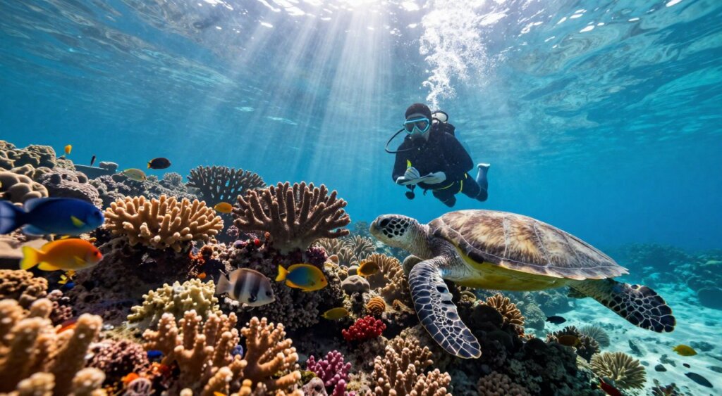 A vibrant underwater scene showcasing the coral reef conservation efforts around Gili Trawangan. In the foreground, vividly colored coral formations teeming with diverse marine life, including schools of tropical fish and a graceful sea turtle gliding by. The middle ground features a marine biologist in professional dive attire, gently examining the coral and taking notes, illustrating their conservation work. The background reveals a sunlit water surface, with rays of light filtering through, creating a serene and hopeful atmosphere. The composition should have a wide-angle perspective to capture the beauty of the reef ecosystem. Soft, natural lighting enhances the colors and textures of the underwater world, evoking a sense of tranquility and urgency for conservation. A vibrant underwater scene showcasing the coral reef conservation efforts around Gili Trawangan. In the foreground, vividly colored coral formations teeming with diverse marine life, including schools of tropical fish and a graceful sea turtle gliding by. The middle ground features a marine biologist in professional dive attire, gently examining the coral and taking notes, illustrating their conservation work. The background reveals a sunlit water surface, with rays of light filtering through, creating a serene and hopeful atmosphere. The composition should have a wide-angle perspective to capture the beauty of the reef ecosystem. Soft, natural lighting enhances the colors and textures of the underwater world, evoking a sense of tranquility and urgency for conservation.