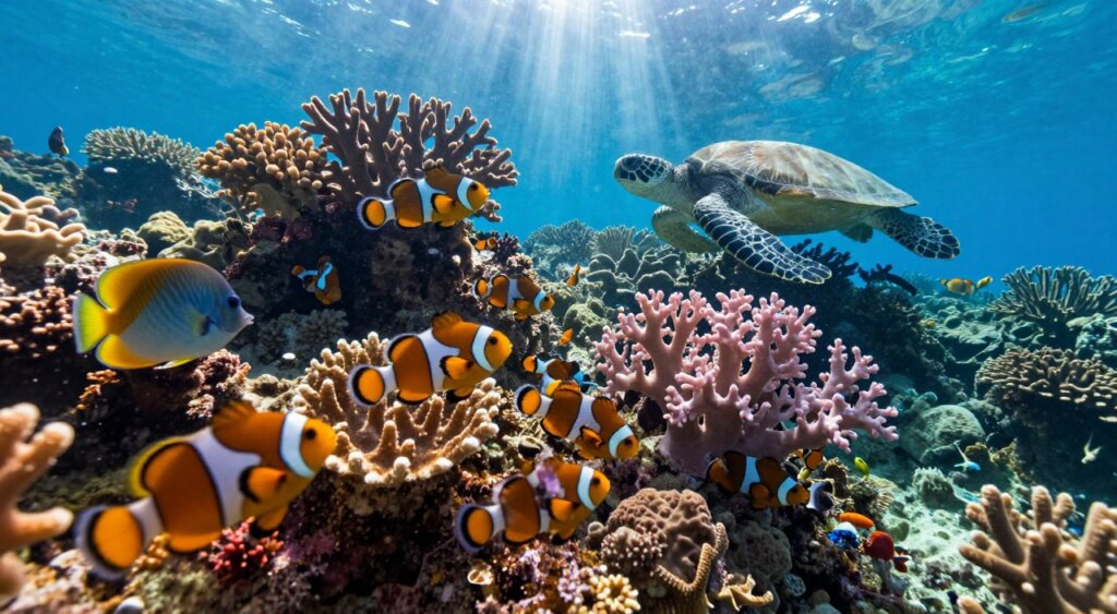 A vibrant underwater scene showcasing the coral reef marine life of the Gili Islands. In the foreground, a colorful school of tropical fish, including clownfish and butterflyfish, swim amongst vivid corals, displaying their striking colors. The middle ground features large stony corals and soft corals swaying gently in the current, with a glimpse of a sea turtle gliding gracefully. The background reveals a sunlit underwater environment, with beams of light filtering through the water, illuminating the rich biodiversity. The image captures a serene and enchanting atmosphere, evoking a sense of wonder and adventure. Utilize high dynamic range (HDR) lighting, a slight fisheye lens effect for depth, and a close-up perspective to enhance the vividness and detail of this underwater ecosystem. No text or logos should be included.