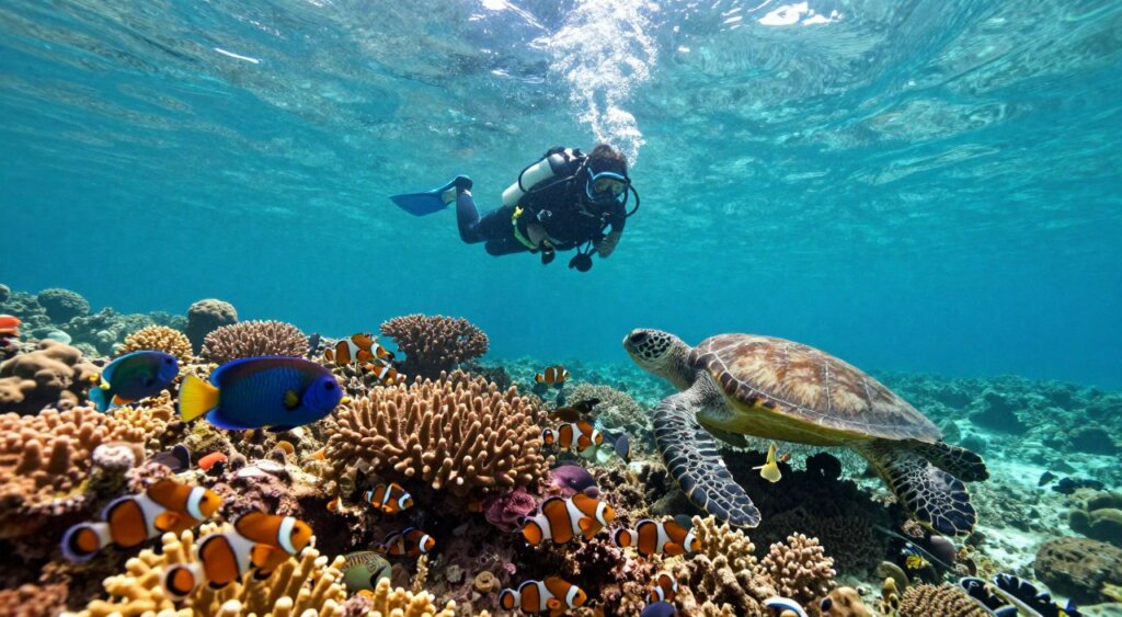 A vibrant underwater scene showcasing the diverse marine life of Gili Trawangan. In the foreground, colorful coral reefs are teeming with an array of fish, including clownfish, parrotfish, and sea turtles gracefully gliding by. The middle ground features a diver in professional diving gear, capturing the beauty of the underwater ecosystem, while maintaining a safe distance from the wildlife. In the background, sunlight filters through the clear turquoise water, illuminating the underwater landscape and creating sparkles of light that enhance the serene atmosphere. The scene conveys a sense of exploration and wonder, reflecting the rich biodiversity of Gili Trawangan’s marine environment. Use a wide-angle lens to capture the expansive view, focusing on vibrant colors and intricate details for a National Geographic-quality image. A vibrant underwater scene showcasing the diverse marine life of Gili Trawangan. In the foreground, colorful coral reefs are teeming with an array of fish, including clownfish, parrotfish, and sea turtles gracefully gliding by. The middle ground features a diver in professional diving gear, capturing the beauty of the underwater ecosystem, while maintaining a safe distance from the wildlife. In the background, sunlight filters through the clear turquoise water, illuminating the underwater landscape and creating sparkles of light that enhance the serene atmosphere. The scene conveys a sense of exploration and wonder, reflecting the rich biodiversity of Gili Trawangan’s marine environment. Use a wide-angle lens to capture the expansive view, focusing on vibrant colors and intricate details for a National Geographic-quality image.