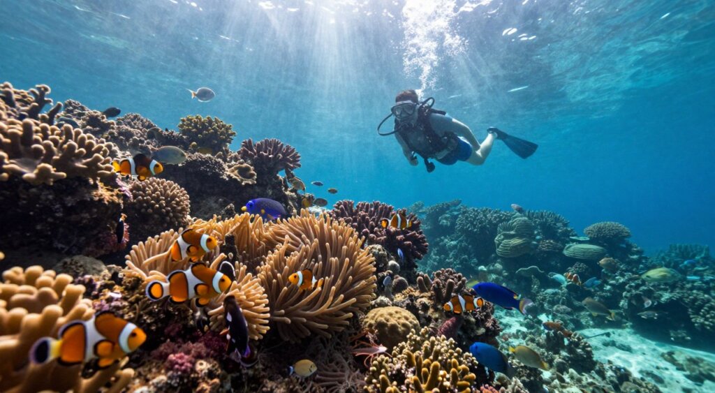 A vibrant underwater scene, showcasing the diverse marine life of Raja Ampat in Yenatar. In the foreground, a colorful coral reef teems with various tropical fish, including clownfish and parrotfish, amidst swaying anemones and intricate coral formations. In the middle ground, a diver in modest casual swimming attire explores the mesmerizing underwater landscape, capturing the beauty of the surroundings. In the background, the sunlight filters through the crystal-clear water, creating a serene, ethereal glow that illuminates the rich biodiversity. The composition is shot from a slightly elevated angle, with a focus on the interplay of light and shadow. The mood is tranquil and awe-inspiring, highlighting the untouched beauty of this marine paradise, perfect for a documentary-style photograph akin to National Geographic quality.