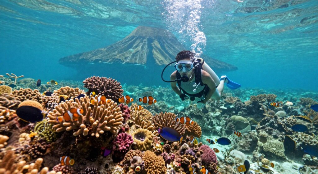 A vibrant underwater scene showcasing the enchanting marine life of Amed, Bali, during a diving and snorkeling adventure. In the foreground, a snorkeler in modest swimwear examines colorful coral reefs teeming with tropical fish, including clownfish and parrotfish. The middle ground features crystal-clear water, with bubbles rising and light rays filtering through the surface, illuminating the rich textures of the coral. In the background, dramatic volcanic hills create a stunning backdrop against the turquoise sea, enhancing the natural beauty of the location. The atmosphere is serene yet alive with the energy of underwater exploration, captured in bright, vivid colors and the soft play of light. Overall, the image conveys a sense of adventure and tranquility, embodying the essence of diving in Amed.