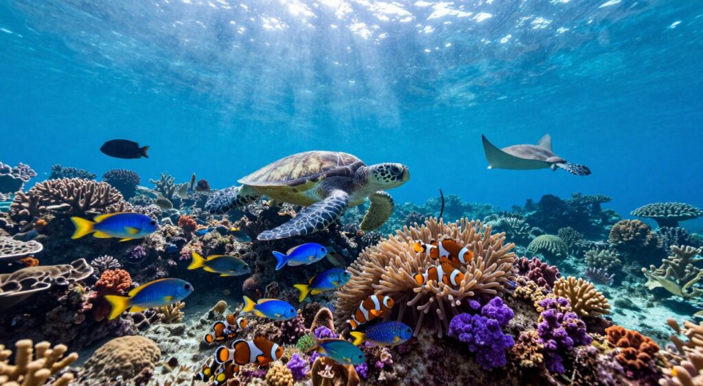 A vibrant underwater scene showcasing the extraordinary marine biodiversity of Raja Ampat, with a focus on colorful coral reefs teeming with life. In the foreground, schools of shimmering fish dart among intricate coral formations, including brain corals and soft corals in luminous hues of blue, purple, and orange. The middle ground reveals a diverse array of marine species, such as sea turtles gliding gracefully and a pair of clownfish nestled within an anemone. In the background, soft rays of sunlight filter through the water's surface, creating a serene and ethereal atmosphere. The image should be captured with a wide-angle lens to provide a comprehensive view of this stunning ecosystem, emphasizing both the vivid details of the marine life and the tranquil beauty of the underwater environment, evoking a sense of awe and wonder.