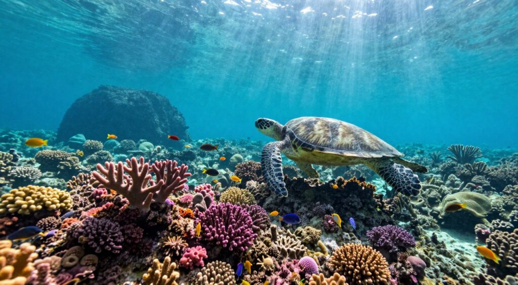 A vibrant underwater scene showcasing the rich biodiversity of the Raja Ampat coral reef. In the foreground, a colorful array of corals in shades of pink, purple, and yellow, teeming with life such as small fish darting in and out. The middle ground features larger marine creatures like a majestic sea turtle gliding gracefully through the clear turquoise waters, surrounded by schools of tropical fish. In the background, the faint silhouette of a sunken rock formation bathed in soft rays of sunlight filtering from above, creating a serene and inviting atmosphere. The composition is shot with a wide-angle lens to capture the expansive beauty of the reef, illuminated by natural sunlight, exuding a sense of tranquility and wonder, reminiscent of National Geographic photography.