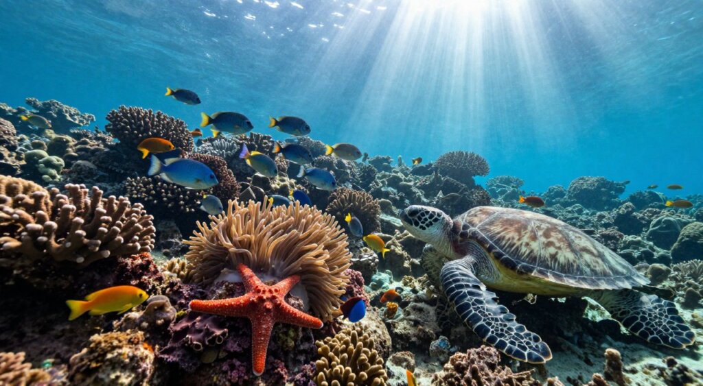 A vibrant underwater scene showcasing the rich marine biodiversity of Raja Ampat, featuring a diverse array of coral reefs teeming with colorful fish, starfish, and sea turtles in the foreground. In the middle, schools of shimmering tropical fish swim gracefully around intricate corals, while anemones sway gently with the currents. The background reveals sunbeams piercing through the crystal-clear water, illuminating the underwater landscape and casting a serene glow. Capture this scene using a wide-angle lens from a slightly elevated angle to emphasize depth and perspective. The mood is tranquil and awe-inspiring, evoking a sense of wonder at the beauty and abundance of life in this unique marine habitat.