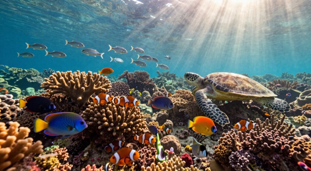 A vibrant underwater scene showcasing the rich marine biodiversity of Raja Ampat's coral reefs. In the foreground, a diverse array of colorful corals, including table corals and brain corals, teeming with life. Brightly colored fish such as clownfish, parrotfish, and butterflyfish swim among the corals, with small sea turtles gracefully gliding by. In the middle ground, a gentle school of silver fish creates a dynamic movement, enhancing the sense of life. The background features sunlight filtering through the water's surface, casting ethereal beams onto the reef, with a hint of a distant reef formation. Capture this image with sharp detail and vibrant colors, creating a warm, inviting atmosphere that reflects the beauty and vitality of marine ecosystems in Raja Ampat. A vibrant underwater scene showcasing the rich marine biodiversity of Raja Ampat's coral reefs. In the foreground, a diverse array of colorful corals, including table corals and brain corals, teeming with life. Brightly colored fish such as clownfish, parrotfish, and butterflyfish swim among the corals, with small sea turtles gracefully gliding by. In the middle ground, a gentle school of silver fish creates a dynamic movement, enhancing the sense of life. The background features sunlight filtering through the water's surface, casting ethereal beams onto the reef, with a hint of a distant reef formation. Capture this image with sharp detail and vibrant colors, creating a warm, inviting atmosphere that reflects the beauty and vitality of marine ecosystems in Raja Ampat.