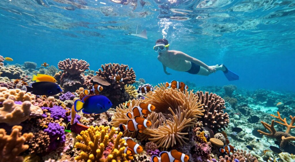 A vibrant underwater scene showcasing the rich marine life of Amed, Bali. In the foreground, a colorful coral reef teems with a variety of fish, including clownfish, parrotfish, and angelfish. Brightly colored corals in hues of purple, orange, and yellow are interspersed with swaying sea anemones. In the middle ground, a snorkeler in modest swim attire gently glides through the water, observing the marine life, with rays of sunlight filtering down from the surface, creating a serene and inviting atmosphere. The background features a blurred view of the open ocean and a faint glimpse of Amed's shoreline above the waterline. The image should evoke a sense of wonder and tranquility, captured in ultra-clear detail, mimicking the style of high-quality photojournalism with natural lighting and vibrant colors.