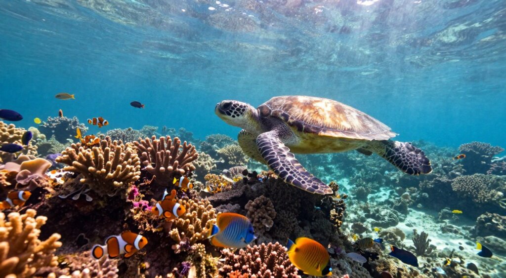 A vibrant underwater scene showcasing the rich marine life of Amed, Bali. In the foreground, a vibrant coral reef teems with colorful fish, including clownfish and butterflyfish, swimming among intricate coral formations. In the middle ground, a graceful sea turtle glides through crystal-clear waters, its shell reflecting the sunlight. Scattered schools of small fish dart in and out of view, creating a dynamic sense of movement. The background features a hazy view of distant coral gardens, bathed in dappled sunlight filtering down from the surface, creating a serene and inviting atmosphere. The scene is captured with a wide-angle lens to emphasize the depth of the underwater landscape, showcasing the enchanting beauty of Amed's marine life. Soft lighting enhances the vibrant colors of the reef, evoking a sense of wonder and tranquility.