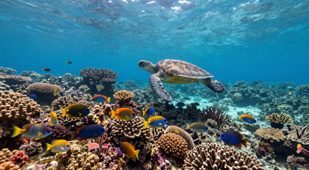 A vibrant underwater scene showcasing the rich marine life of Raja Ampat, featuring a diverse array of colorful coral reefs in the foreground, teeming with tropical fish in striking hues of yellow, blue, and orange. The middle ground reveals a graceful sea turtle gliding effortlessly through crystal-clear waters, while the background captures the silhouettes of diverse coral formations and schools of fish swarming in a serene aquatic environment. Soft, filtered sunlight penetrates the surface, creating dappled light effects that enhance the tranquil atmosphere. The image should reflect a sense of exploration and wonder, embodying the beauty and biodiversity of this underwater paradise, shot from a low angle to emphasize depth and immersion, with a focus on realism reminiscent of National Geographic standards.