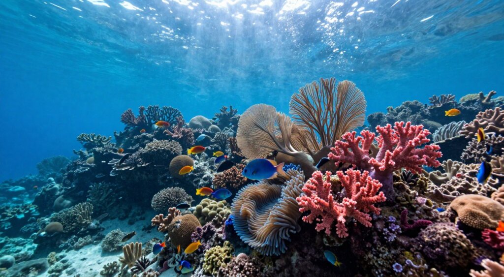 A vibrant underwater scene showcasing the stunning Friwen Wall coral reef in Raja Ampat. In the foreground, intricate corals in shades of azure and coral pink create a rich tapestry of life, while schools of colorful tropical fish dart among them. The middle ground features a diverse array of marine flora, with swaying sea anemones and elegantly flowing sea fans. In the background, the sparkling sunlight filters through the water's surface, illuminating the reef structure and adding a soft glow to the ocean depths. The angle captures a dynamic underwater perspective, promoting a sense of exploration and tranquility. The overall mood is serene and captivating, ideal for illustrating the unique geographical features of this breathtaking marine environment.