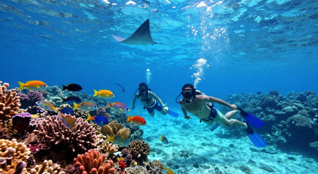 A vibrant underwater scene showcasing the stunning marine life around the Gili Islands, Lombok. In the foreground, a group of snorkelers in modest casual clothing—wearing masks and fins—glide through crystal-clear waters surrounded by colorful coral reefs. Midway in the composition, a school of tropical fish swims playfully, with their bright hues contrasting against the vivid blues of the ocean. In the background, the silhouette of a diver can be seen exploring a deeper part of the reef, with rays of sunlight filtering down from the surface, creating a dappled light effect. The atmosphere is serene and inviting, capturing the beauty and tranquility of the underwater world, perfect for illustrating the adventurous spirit of snorkeling and diving on the Gili Islands. A vibrant underwater scene showcasing the stunning marine life around the Gili Islands, Lombok. In the foreground, a group of snorkelers in modest casual clothing—wearing masks and fins—glide through crystal-clear waters surrounded by colorful coral reefs. Midway in the composition, a school of tropical fish swims playfully, with their bright hues contrasting against the vivid blues of the ocean. In the background, the silhouette of a diver can be seen exploring a deeper part of the reef, with rays of sunlight filtering down from the surface, creating a dappled light effect. The atmosphere is serene and inviting, capturing the beauty and tranquility of the underwater world, perfect for illustrating the adventurous spirit of snorkeling and diving on the Gili Islands.
