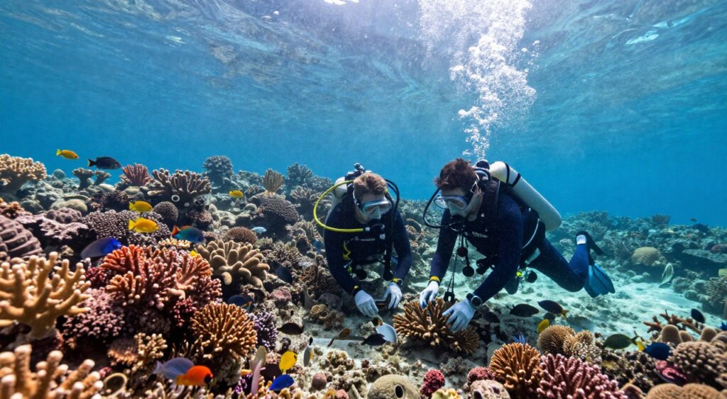 A vibrant underwater scene showcasing the vital conservation efforts at Friwen Wall, Raja Ampat. In the foreground, divers in professional wetsuits carefully conduct a coral restoration project, gently planting healthy corals onto the reef substrate. Brightly colored corals and diverse marine life thrive around them, including schools of tropical fish darting through the crystal-clear water. The middle ground features a beautiful coral reef landscape with various shades of coral and marine vegetation swaying in the gentle currents. In the background, the sun filters through the water's surface, creating a serene and hopeful atmosphere, emphasizing the importance of marine conservation. The image is captured with a wide-angle lens, evoking depth and vibrancy, and illuminated by natural sunlight, contributing to a mood of optimism and environmental protection.