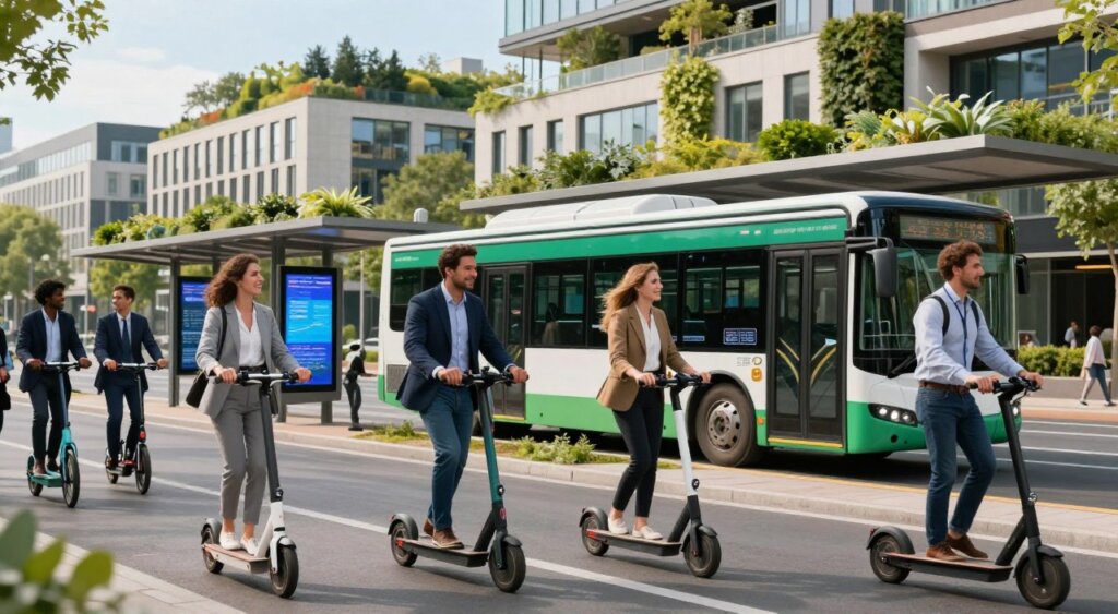 A vibrant urban scene showcasing innovative sustainable transportation solutions. In the foreground, a diverse group of individuals, dressed in professional business attire, can be seen using electric bicycles and scooters, smiling and engaging in conversation. The middle ground features a sleek electric bus with solar panels on its roof, parked at a stylish transit stop adorned with greenery and digital display screens. In the background, modern buildings with green roofs and vertical gardens emphasize an eco-friendly atmosphere, while clear blue skies and soft, natural lighting create a warm, inviting mood. The image captures the essence of a progressive city committed to alternative transportation methods, promoting a clean and sustainable future.
