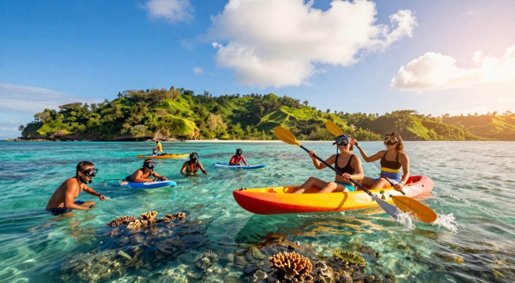 A vibrant water sports adventure scene in Amed, Bali, showcasing a variety of activities such as snorkeling, kayaking, and paddleboarding. In the foreground, a couple in modest casual clothing joyfully paddles on a bright kayak, splashes of turquoise water surrounding them. The middle ground features a group of friends equipped with snorkeling gear, exploring the colorful coral reefs beneath the clear surface. In the background, lush green hills rise against a bright blue sky dotted with fluffy clouds, with the sun illuminating the scene in warm, golden light. The overall mood is exhilarating and energetic, capturing the thrill of water sports in a stunning natural landscape. Shot with a wide-angle lens to encompass the breathtaking view, the image embodies the vibrant spirit of Bali's outdoor adventures.