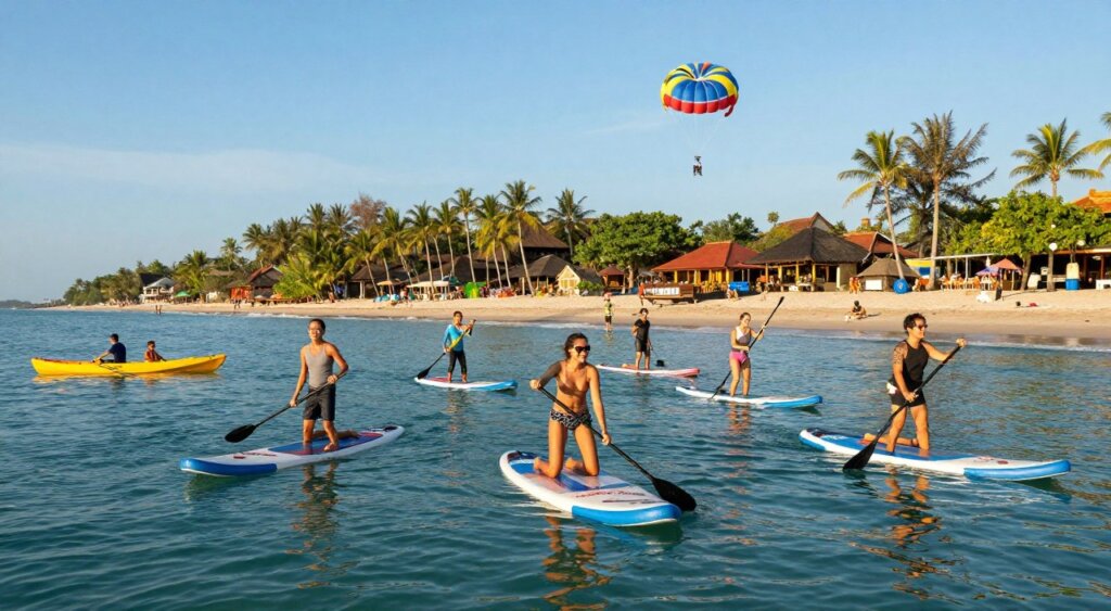 A vibrant water sports scene near Sanur beaches in Bali, showcasing a variety of activities such as stand-up paddleboarding, kayaking, and parasailing. In the foreground, a group of people dressed in modest swimwear and casual sports attire enjoy paddleboarding with smiles, their reflections shimmering in the clear turquoise water. The middle ground features colorful kayaks and a parasailer soaring above, capturing the excitement of the beach atmosphere. In the background, the picturesque Sanur coastline with sun-kissed sands, palm trees, and traditional Balinese architecture is visible under a bright blue sky. The lighting is warm and inviting, with soft sunlight filtering through, creating a lively yet relaxed mood, reminiscent of a perfect beach day. A vibrant water sports scene near Sanur beaches in Bali, showcasing a variety of activities such as stand-up paddleboarding, kayaking, and parasailing. In the foreground, a group of people dressed in modest swimwear and casual sports attire enjoy paddleboarding with smiles, their reflections shimmering in the clear turquoise water. The middle ground features colorful kayaks and a parasailer soaring above, capturing the excitement of the beach atmosphere. In the background, the picturesque Sanur coastline with sun-kissed sands, palm trees, and traditional Balinese architecture is visible under a bright blue sky. The lighting is warm and inviting, with soft sunlight filtering through, creating a lively yet relaxed mood, reminiscent of a perfect beach day.