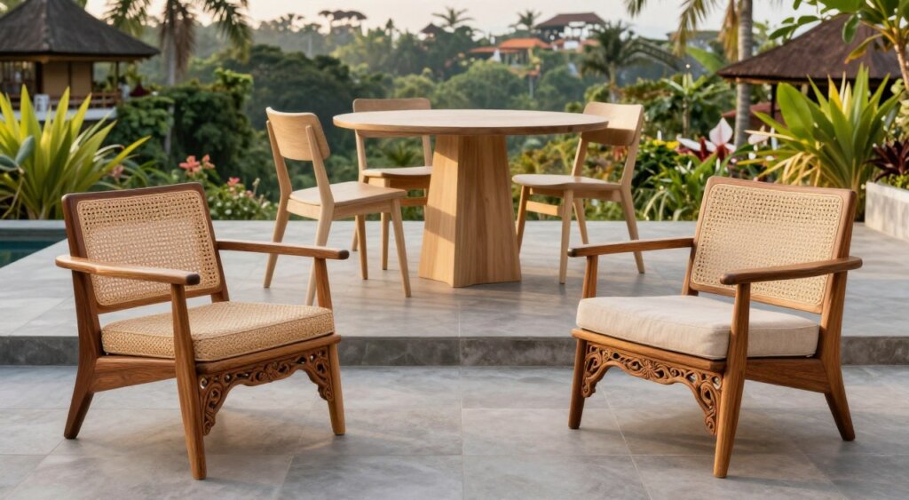 A visually striking comparison of Bali style furniture against two other design styles, such as Scandinavian and Mid-Century Modern. In the foreground, showcase elegant, handcrafted Bali furniture crafted from rich teak and rattan, featuring intricate carvings and organic shapes. The middle layer highlights a minimalist Scandinavian table and chairs in light woods, emphasizing clean lines and functionality. The backdrop features a vibrant, tropical Balinese landscape with lush greenery and hints of traditional Balinese architecture. The lighting is soft and natural, resembling golden hour to create warmth and inviting ambiance. Capture the scene from a slightly elevated angle to provide depth and perspective, focusing on the contrasting forms and materials of each furniture style, evoking a harmonious blend of culture and design.