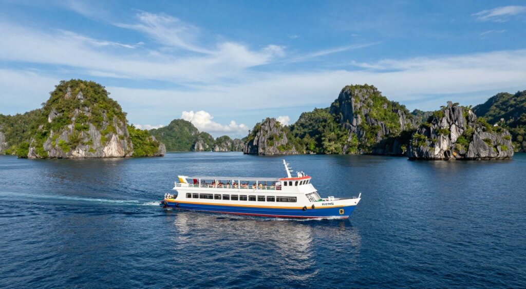 A vivid scene of a Raja Ampat ferry boat gracefully crossing the Dampier Strait, captured in a professional photojournalism style reminiscent of National Geographic. In the foreground, the sleek ferry, characterized by its clean lines and vibrant colors, cuts through the deep blue waters. The middle ground features a gently rippling sea, reflecting the sunlight, creating shimmering patterns. The background showcases the stunning karst islands of Raja Ampat, lush with greenery under a clear, azure sky interspersed with wispy clouds. The lighting is soft yet bright, emphasizing the tranquility of the scene. The angle is slightly elevated, offering a panoramic view that highlights the beauty and serenity of this remote paradise. The overall mood is peaceful and inviting, perfect for travelers heading towards the enchanting islands.