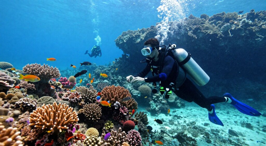 A vivid underwater scene capturing the essence of diving in Raja Ampat, showcasing a diverse coral reef teeming with colorful marine life. In the foreground, a professional diver in a sleek wetsuit examines dive equipment like tanks and fins, with a marine safety float nearby. The middle ground features an array of vibrant corals and schools of fish darting among them, while a distant diver explores a nearby underwater cave. The background reveals a sunlit surface filtering through crystal-clear water, creating a serene and inviting atmosphere. The lighting is bright and natural, enhancing the colors of the underwater ecosystem. The shot is taken from a slightly angled perspective, emphasizing the depth and diversity of the dive site, ideal for illustrating the additional costs related to diving equipment and safety measures in Raja Ampat. A vivid underwater scene capturing the essence of diving in Raja Ampat, showcasing a diverse coral reef teeming with colorful marine life. In the foreground, a professional diver in a sleek wetsuit examines dive equipment like tanks and fins, with a marine safety float nearby. The middle ground features an array of vibrant corals and schools of fish darting among them, while a distant diver explores a nearby underwater cave. The background reveals a sunlit surface filtering through crystal-clear water, creating a serene and inviting atmosphere. The lighting is bright and natural, enhancing the colors of the underwater ecosystem. The shot is taken from a slightly angled perspective, emphasizing the depth and diversity of the dive site, ideal for illustrating the additional costs related to diving equipment and safety measures in Raja Ampat.