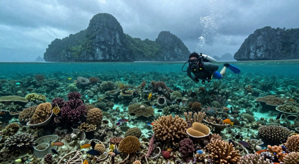 A vivid underwater scene in Raja Ampat during the rainy season, capturing the essence of diving amidst the lush, emerald waters. In the foreground, a diver in modest casual clothing explores vibrant coral reefs teeming with colorful fish and marine life. The middle ground reveals a stunning variety of corals, some enhanced by the filtering light from above, creating a mesmerizing play of shadows and highlights. In the background, the silhouettes of limestone islands rise dramatically against a moody, overcast sky, indicative of the rainy season. The overall atmosphere is tranquil yet vibrant, showcasing the beauty of nature during a less-traveled season, with a sense of adventure and exploration evident in the diver's movements. Soft diffused lighting enhances the underwater visibility, shot with a wide-angle lens to capture the full splendor of the scene.