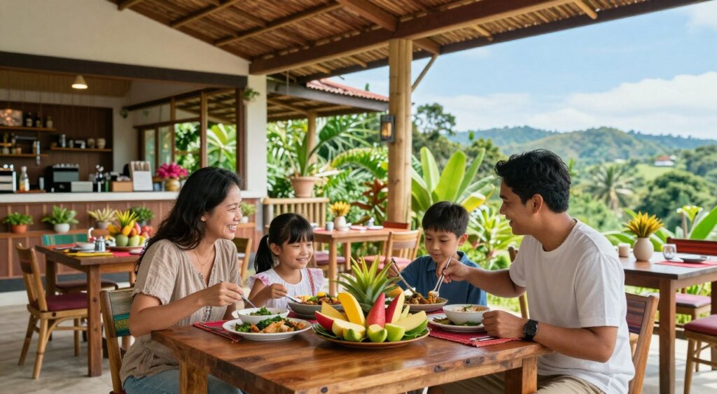 A warm and inviting family dining scene in Lombok, Indonesia, captured in natural daylight. In the foreground, a diverse family of four—two adults in modest casual clothing, a young girl and a teenage boy—are joyfully sharing traditional Indonesian dishes at a rustic wooden table adorned with vibrant tropical fruits. The middle ground features a beautifully decorated restaurant with bamboo accents, colorful table settings, and lush potted plants, enhancing the family-friendly atmosphere. In the background, a serene view of Lombok's lush greenery and distant hills under a clear blue sky adds depth. The image is shot with a wide-angle lens, providing an intimate yet expansive feel, evoking happiness and togetherness among families enjoying a meal together.