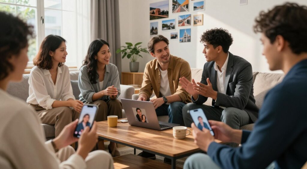 A warm, inviting scene depicting a group of diverse expatriates sitting around a cozy coffee table in a well-lit, modern living room. The foreground features a close-up of hands holding smartphones, showing video calls and messages, symbolizing connection with loved ones back home. In the middle, a couple interacts, one sharing a laptop screen displaying a family photo, while others engage in animated conversation, all dressed in professional and smart casual attire. The background showcases a wall adorned with international travel photos and personal mementos, conveying a blend of cultures. Soft, natural lighting floods the space through large windows, casting gentle shadows and creating an intimate, friendly atmosphere, reminiscent of connection and belonging.