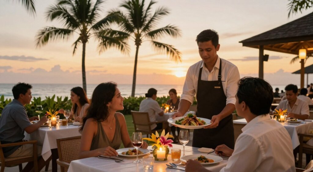 A warm, inviting scene showcasing exceptional customer service at a Sanur restaurant. In the foreground, a friendly server in smart casual attire is attentively presenting a beautifully arranged dish to a couple at a well-set outdoor table adorned with tropical flowers and flickering candles. The middle ground features satisfied diners enjoying their meals, exuding a relaxed yet lively atmosphere, while a few palm trees sway gently in the background against a vibrant sunset sky. The lighting is soft and golden, capturing the magic of golden hour. Use a wide-angle lens perspective to encompass both the intimate dining experience and the scenic landscaping. Aim for a mood of warmth, hospitality, and culinary delight, emphasizing the human connection in dining.