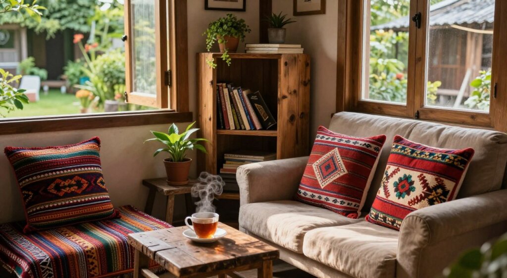 A warmly lit, cozy corner of a Yenros Homestay room, showcasing unique features such as handcrafted wooden furniture and colorful local textiles. In the foreground, a plush sofa with decorative pillows invites relaxation, while a small table holds a steaming cup of tea. The middle ground reveals a rustic wooden bookshelf adorned with books and plants, emphasizing the homestay's intimate atmosphere. Soft, natural light filters through a large window, casting gentle shadows. In the background, a view of lush greenery or a serene garden enhances the tranquil feel of the space. The scene conveys a sense of comfort and homeliness, perfect for travelers seeking a unique and inviting experience.