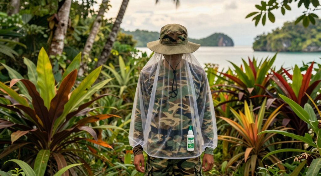 A well-equipped individual in a tropical setting showcasing Raja Ampat mosquito bite prevention gear. In the foreground, focus on the person wearing a lightweight, long-sleeved shirt, lightweight pants, and a wide-brimmed hat, all in camouflage colors that blend with the lush environment. Include protective gear like mosquito nets draped over shoulders and a small, eco-friendly bug spray bottle on their waist. The middle ground features dense tropical foliage and vibrant plant life, illustrating the region's biodiversity. In the background, hint at a tranquil waterway and distant rocky islands, characteristic of Raja Ampat. Use soft, natural lighting to create a warm, inviting atmosphere, emphasizing the importance of personal protective measures against malaria. The angle should be slightly elevated for a comprehensive view of the gear and environment. A well-equipped individual in a tropical setting showcasing Raja Ampat mosquito bite prevention gear. In the foreground, focus on the person wearing a lightweight, long-sleeved shirt, lightweight pants, and a wide-brimmed hat, all in camouflage colors that blend with the lush environment. Include protective gear like mosquito nets draped over shoulders and a small, eco-friendly bug spray bottle on their waist. The middle ground features dense tropical foliage and vibrant plant life, illustrating the region's biodiversity. In the background, hint at a tranquil waterway and distant rocky islands, characteristic of Raja Ampat. Use soft, natural lighting to create a warm, inviting atmosphere, emphasizing the importance of personal protective measures against malaria. The angle should be slightly elevated for a comprehensive view of the gear and environment.