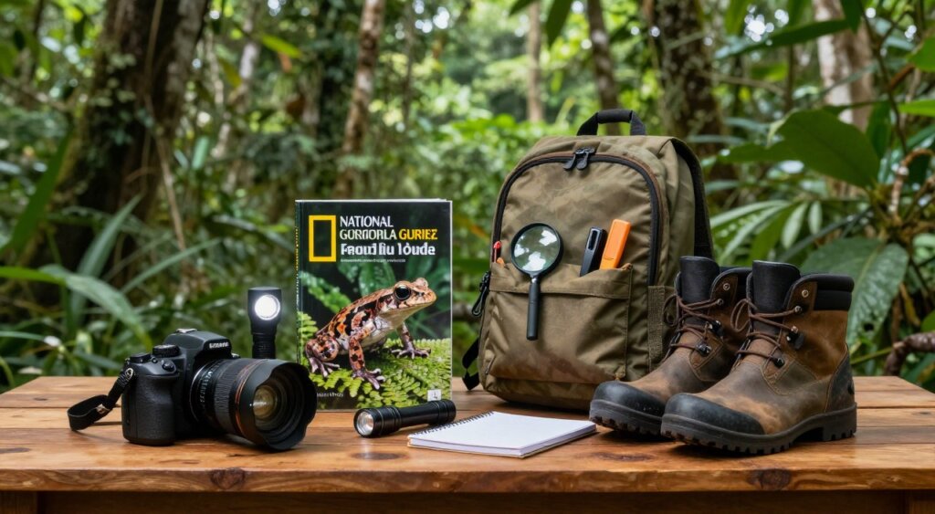 A well-organized collection of herping equipment displayed on a wooden table in a lush Raja Ampat rainforest setting. In the foreground, include a high-quality camera with a macro lens, a sturdy flashlight, and a pair of heavy-duty boots. In the middle, showcase a field guidebook about local amphibians and reptiles, along with a small backpack containing essential tools like a magnifying glass and notepad. In the background, depict a vibrant, dense jungle with rich green foliage and soft natural light filtering through the canopy, creating a serene and exploratory atmosphere. Emphasize a mood of adventure and discovery, capturing the essence of herping in this unique biodiversity hotspot. The composition should reflect a National Geographic photojournalism style, with sharp focus and natural colors.
