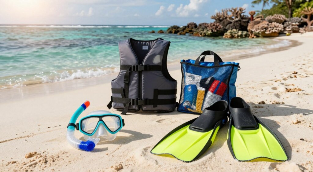 A well-organized display of essential snorkeling safety gear set against a serene backdrop of Amed Bali's crystal-clear waters. In the foreground, a bright, turquoise snorkeling mask and a snorkel are prominently featured, showcasing their sleek design and comfort. Nearby, a pair of high-visibility swim fins rests on a soft, sandy surface. In the middle ground, a life vest and a mesh water safety bag filled with safety essentials are neatly arranged. The background features the stunning, vibrant coral reefs and a gentle wave lapping at the shore under the warm glow of golden sunlight, creating a tranquil atmosphere. The image is captured with a wide-angle lens to emphasize the beauty of the scene, evoking a sense of adventure and safety.