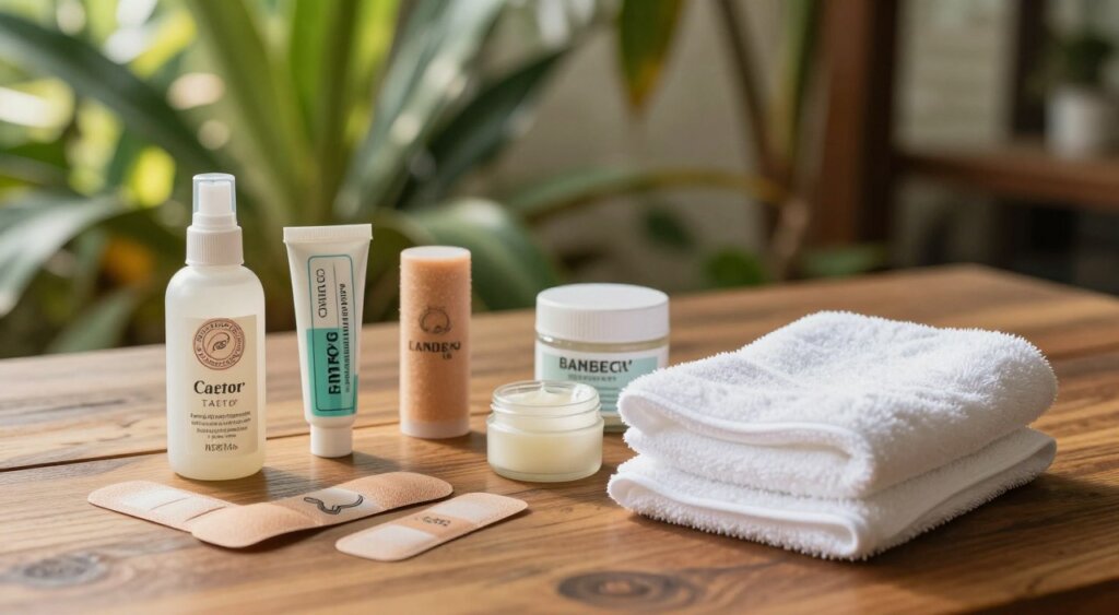 A well-organized display of tattoo aftercare essentials, featuring a variety of items arranged aesthetically on a wooden table. In the foreground, a bottle of fragrance-free tattoo lotion and a tube of antiseptic ointment sit next to clean, soft towels. In the middle ground, there are bandages and a small jar of healing balm. The background softly blurs out with lush, tropical plants, hinting at the Canggu environment. Natural daylight filters in, casting a warm glow across the scene, enhancing the inviting and soothing atmosphere. Capture it with a shallow depth of field, focusing on the tattoo care items, to create a sense of intimacy and care for the body art.