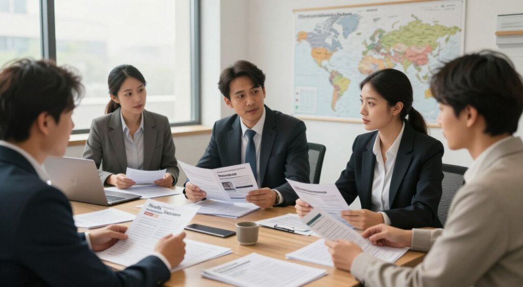 A well-organized office space illustrating insurance options for foreign residents. In the foreground, a diverse group of professionals in business attire are discussing a variety of insurance brochures, displaying options for health, property, and travel insurance. In the middle ground, an elegant desk is cluttered with documents and a laptop, while a world map on the wall highlights various countries. The background features large windows letting in soft, natural light, creating a warm, inviting atmosphere. The angle captures the interplay between people and materials, emphasizing collaboration in financial decision-making. The mood is professional yet approachable, conveying trust and assurance in navigating insurance choices.