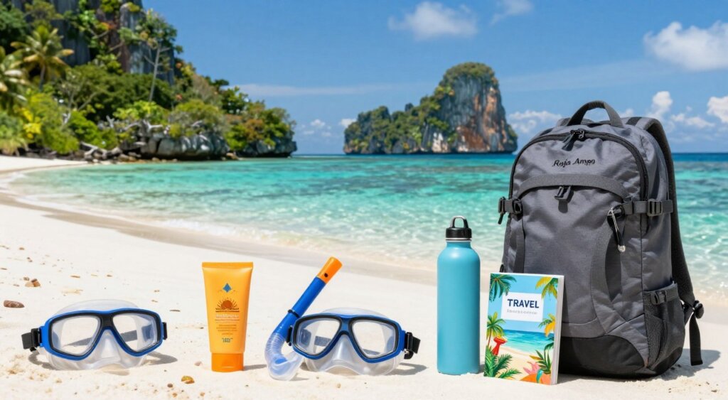 A well-organized travel packing scene for Raja Ampat, showcasing essential items for tourists. In the foreground, a neatly arranged backpack, sunscreen, snorkeling gear, a reusable water bottle, and a tropical-themed travel guide are displayed. The middle ground includes a vibrant beach setting with crystal-clear waters and lush greenery, hinting at Raja Ampat's stunning islands. In the background, a distant view of rugged limestone cliffs and colorful coral reefs under a bright blue sky. The lighting is bright and natural, evoking a warm, inviting atmosphere. Choose a wide-angle lens to capture the entire scene, emphasizing the adventure and beauty of Raja Ampat as a perfect travel destination. No people are present, allowing the focus to remain solely on the packing essentials.